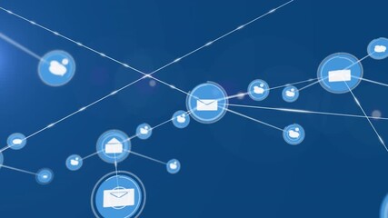 Animation of network of connections with icons over light trails on blue background - Powered by Adobe