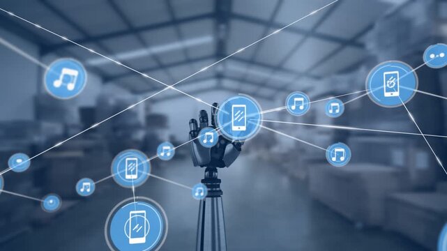 Animation of icons connected with lines and rotating robotic arm in warehouse