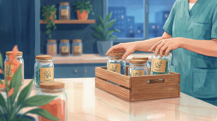 Person organizing glass jars with wooden lids on a tray in a modern kitchen