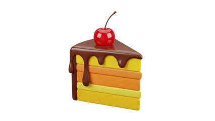 Slice of layered cake with chocolate glaze and cherry