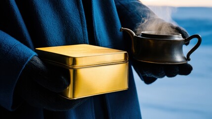 Person holds a steaming teapot and a gold tin in a snowy landscape during winter