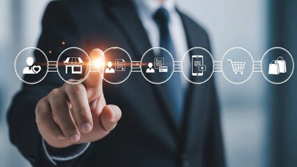 Hand Interacting with Digital Online Shopping Process Icons in Futuristic Interface