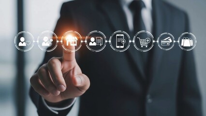 Hand Interacting with Digital Online Shopping Process Icons in Futuristic Interface