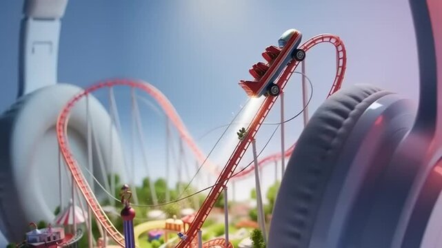 A miniature amusement park on a smartphone screen flanked by headphones on a colorful background