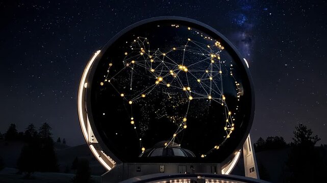 A large dome-like structure showcases a celestial map under a night sky with starlight