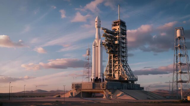 Space rockets on launchpad at sunrise or sunset