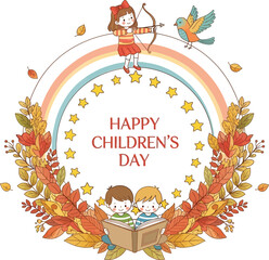 Naklejka premium Happy Childrens Day Illustration with Kids and Rainbow