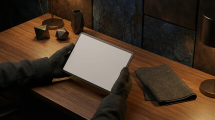 Person holding tablet on wooden table with geometric shapes