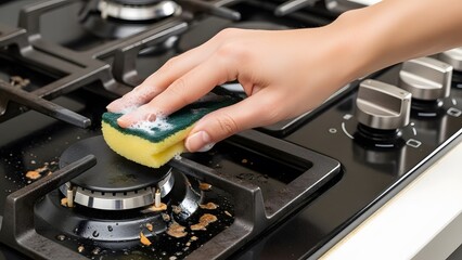 A close-up shot of a person's hand using a yellow and green sponge with soap suds to clean a dirty black gas stovetop in a kitchen, showing the process of domestic cleaning and maintenance.