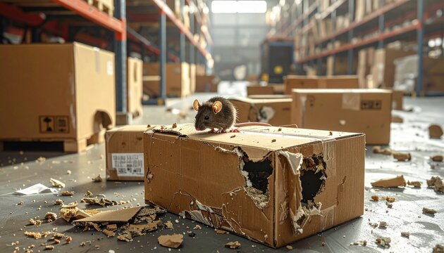 Chewed cardboard boxes caused by rodents in warehouse