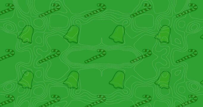 Animation of bell and candy cane icon in seamless pattern against topography on green background