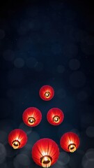 vertical chinese new year background with glowing red lanterns floating upward against a dark night sky. warm cinematic lighting and copy space ideal for mobile festive designs..
