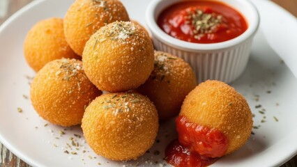Golden fried savory rice balls with vibrant tomato dipping sauce and herbs