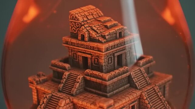 Ancient Mayan temple floats inside a glowing orange glass bulb with mystical light beam