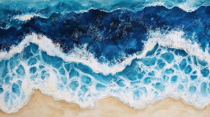 Fototapeta premium Aerial view of ocean waves crashing on a sandy beach