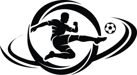 Soccer player kicking a ball within a dynamic circular design © KarimaAkter