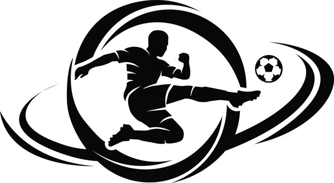 Soccer player kicking a ball within a dynamic circular design