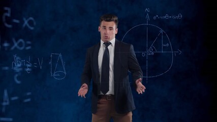 Animation of businessman over mathematical data processing - Powered by Adobe