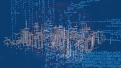 Animation of data processing over 3d city model spinning against blue background - Powered by Adobe