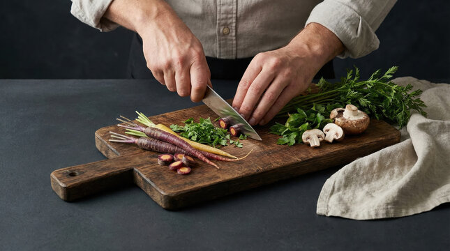 Person chopping fresh vegetables on a wooden cutting board