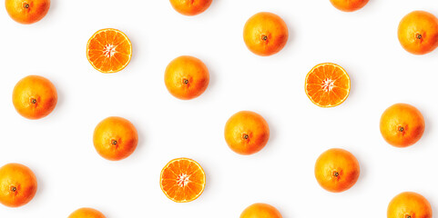 Tangerine pattern isolated on white background. Minimalist repeat composition with fresh whole and sliced mandarins