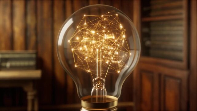 A glowing light bulb with a complex, internal network of lines and illuminated points
