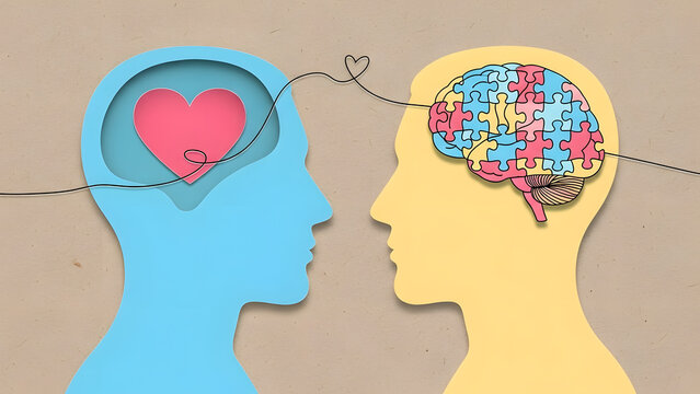 Conceptual illustration of two paper-cut human head silhouettes, one with a heart and the other with a puzzle-piece brain, connected by a string, symbolizing emotional and logical connection.