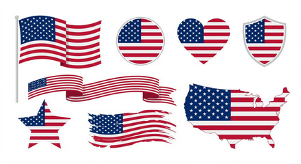 Collection of United States of America flags in various shapes and forms