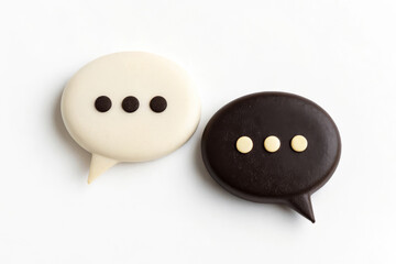 Dialogue Choice Concept with Light and Dark Speech Bubbles on White Background