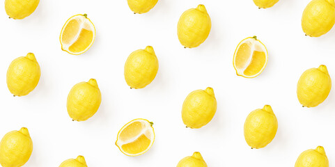 Lemon fruits pattern isolated on white background. Repeat composition with fresh whole and sliced lemons