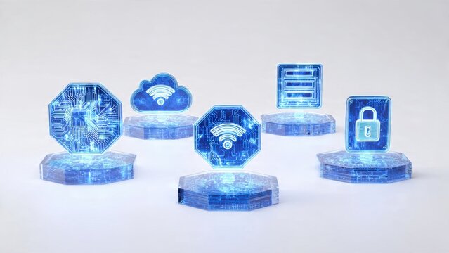 Technology Icons on Hexagonal Pedestals - Powered by Adobe