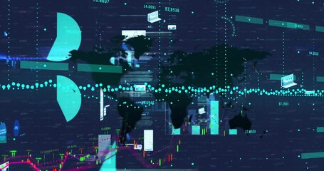 Animation of financial and statistical data processing against blue background - Powered by Adobe