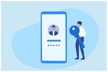 Online registration and sign up concept. Man signing up and login to online account on smartphone app. User interface. vector illustration