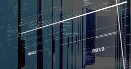 Animation of interface with data processing against computer server room - Powered by Adobe