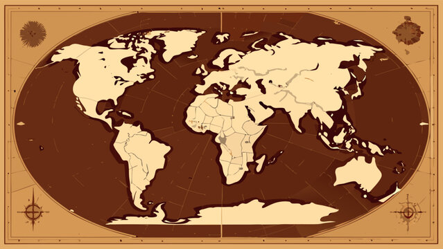 Vintage Sepia-Style Oval World Map with Compass Rose and Ornate Borders