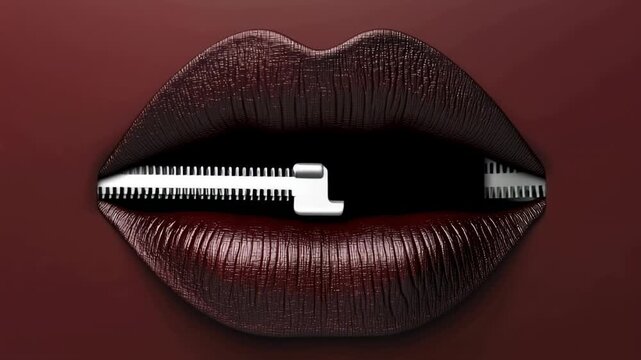 Dark red lips with silver zipper across them symbolizing silence and secrecy