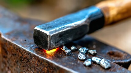 Hammer strikes anvil as metal pieces glow red during blacksmithing at a workshop