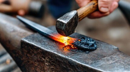 Crafting a knife at a forge with hammer striking hot metal on an anvil during the blacksmithing process