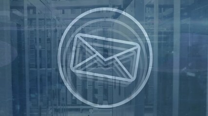 Animation of envelope icon and data processing over server room - Powered by Adobe