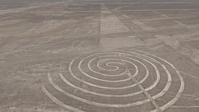 Aerial of Nasca lines (Spiral, circle) in the desert of Peru