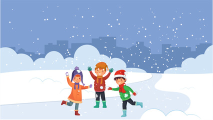 Joyful winter illustration of three children playing in falling snow on a snowy path with a city skyline background. Cute cartoon kids in warm clothes create a festive, cheerful scene for winter and h