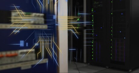 Animation of digital data processing and circuit board over computer servers - Powered by Adobe