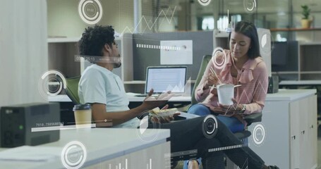 Animation of financial data processing over diverse business people in office - Powered by Adobe