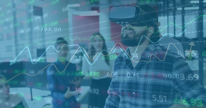 Animation of financial data processing over businessman using vr set