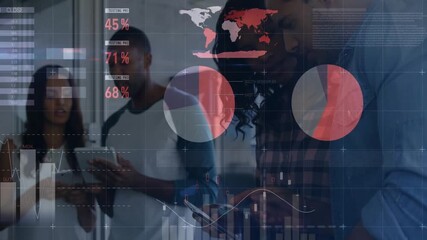 Business people working with digital charts and graphs over world map animation - Powered by Adobe