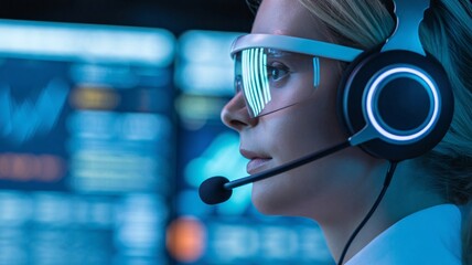 Woman wearing futuristic headset with glowing blue lights and virtual reality goggles in a high tech environment for gaming or simulation with technology and vr
