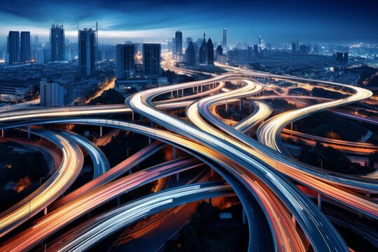 Complex road infrastructure with blurred car lights flowing through a modern city at dusk