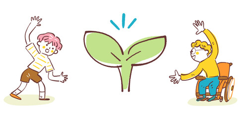 中央の大きな若葉を囲んで元気にポーズをとる車いすの男の子と子供、成長とインクルーシブ教育を表現した小学3年生のベクターイラスト