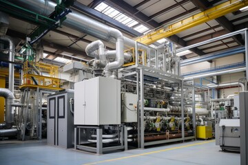 Fototapeta premium Industrial facility showcasing intricate process equipment, pipes, and control systems in a manufacturing setting