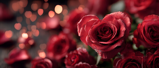 Moody Red Rose Arrangement with Blurry Fairy Lights and Night Ambience